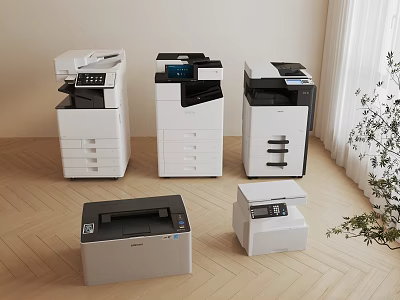 Various Office Printers Displaying Multifunctional And Compact Models In Modern Room 3d model