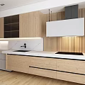 Natural Modern Kitchen Interior With Wooden Cabinets White Countertop Range Hood And Textured Backsplash