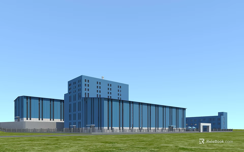 Modern Industrial Factory With Blue Glass Curtain Wall Multi storey Building And Green Lawn 3d model 