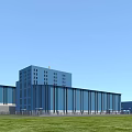 Modern Industrial Factory With Blue Glass Curtain Wall Multi storey Building And Green Lawn