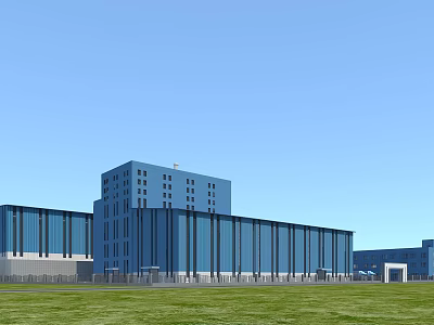 Modern Industrial Factory With Blue Glass Curtain Wall Multi storey Building And Green Lawn 3d model