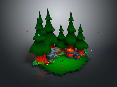 Modern 3D Rendered Forest Scene With Green Pine Trees Stone Steps And Wooden Barrel 3d model