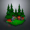 Modern 3D Rendered Forest Scene With Green Pine Trees Stone Steps And Wooden Barrel