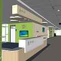 Hospital Corridor Interior With Green Walls Reception Desk TV Screen And Signage