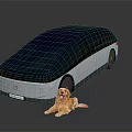 Modern Concept Car With Blue Roof And Silver Body Featuring Golden Retriever