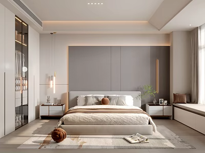 Modern Bedroom Interior With Gray Headboard Wall Bed Nightstands Plant And Window Bench 3d model