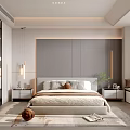 Modern Bedroom Interior With Gray Headboard Wall Bed Nightstands Plant And Window Bench