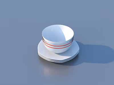 White Tableware Set With Stacked Bowl And Plates Featuring Red Stripes 3d model