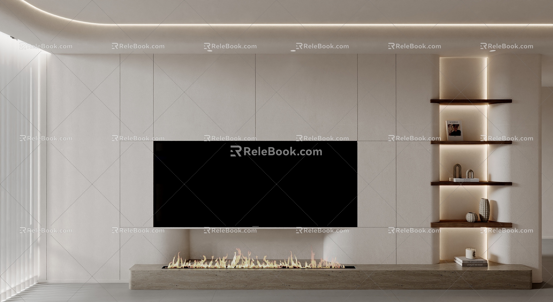 modern living room cream TV wall 3d model