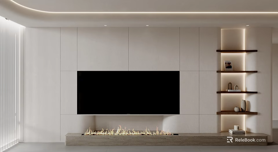 Modern TV Wall Design With Light Colored Panels Fireplace And Shelves 3d model 