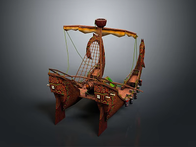 Ancient Wooden Ship Model With Decorative Carvings Detailed Hull Canvas Sail And Ropes 3d model