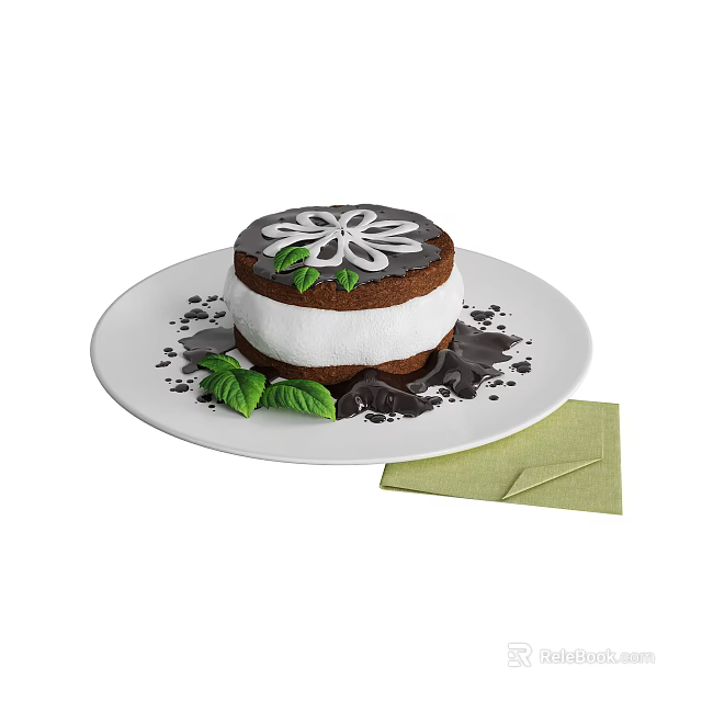 Delicious Chocolate Cake With White Flower Decoration Green Leaves And Chocolate Shavings On White Plate 3d model 