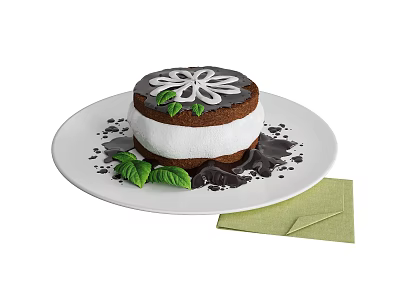 Delicious Chocolate Cake With White Flower Decoration Green Leaves And Chocolate Shavings On White Plate 3d model