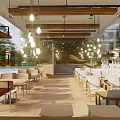 Coffee Garden Cafe Interior With Wooden Ceiling Hanging Lights And Greenery View