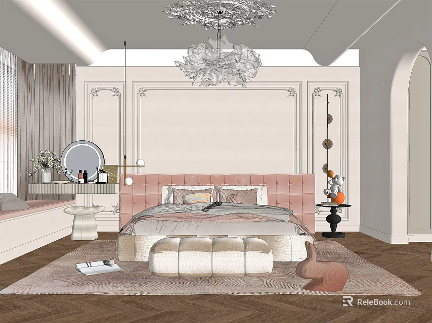Kids Room Interior Design With Pink Headboard Chandelier Dressing Table And Soft Rug 3d model 