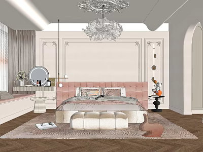 Kids Room Interior Design With Pink Headboard Chandelier Dressing Table And Soft Rug 3d model