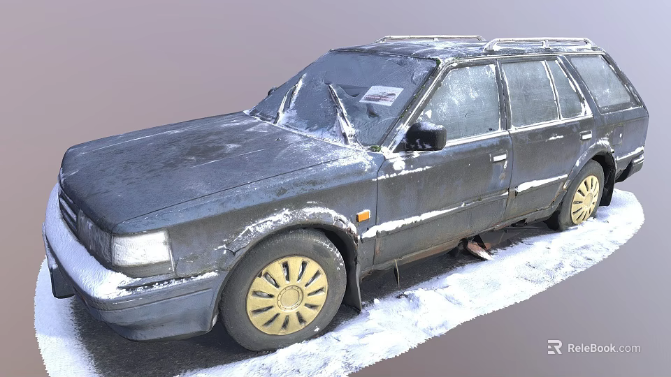 Old Black Station Wagon Covered With Snow On Winter Day 3d model