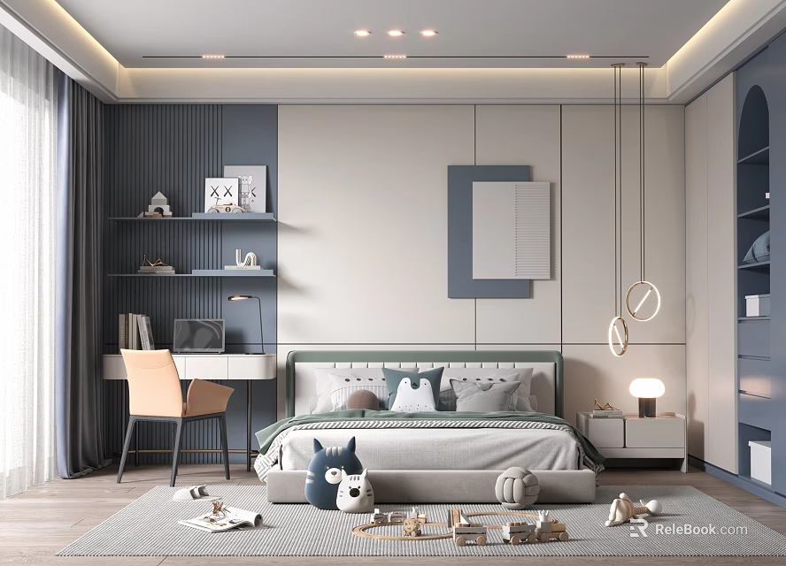 Modern Kids Room Interior Design With Blue White Bed Desk Bookshelf Toys And Carpet 3d model 