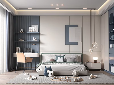 Modern Kids Room Interior Design With Blue White Bed Desk Bookshelf Toys And Carpet 3d model