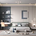 Modern Kids Room Interior Design With Blue White Bed Desk Bookshelf Toys And Carpet