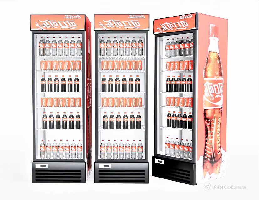 Beverage Display Refrigerators With Red Glass Doors Stocked With Various Drinks 3d model