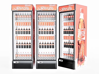 Beverage Display Refrigerators With Red Glass Doors Stocked With Various Drinks 3d model