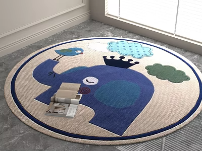 Cute Round Area Rug With Blue Elephant Bird Clouds And Crown Design For Kids Room 3d model