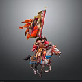 Ancient Warrior Man In Red Armor Riding White Horse With Decorative Red Flag