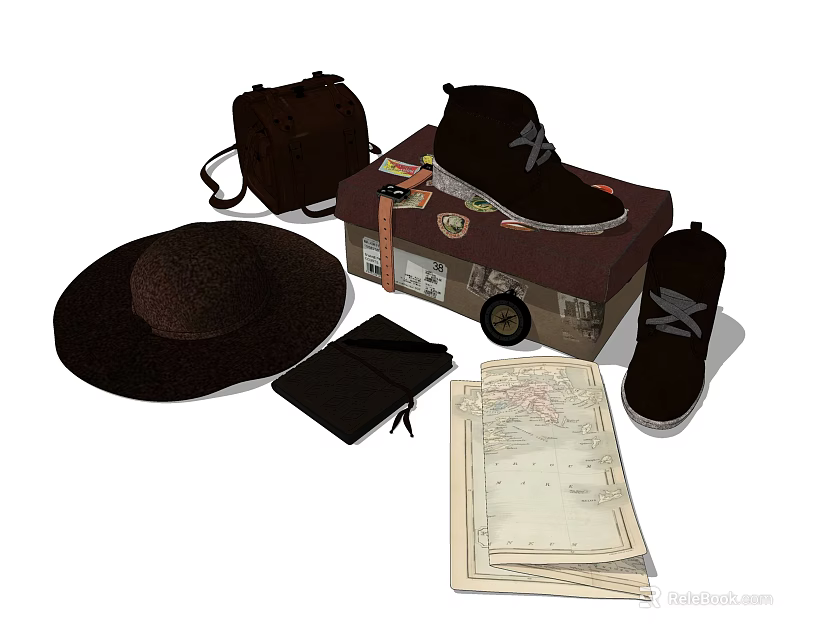 Stylish Travel Shoes With Vintage Suitcase Hat Notebook And Map 3d model 