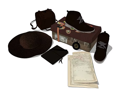 Stylish Travel Shoes With Vintage Suitcase Hat Notebook And Map 3d model
