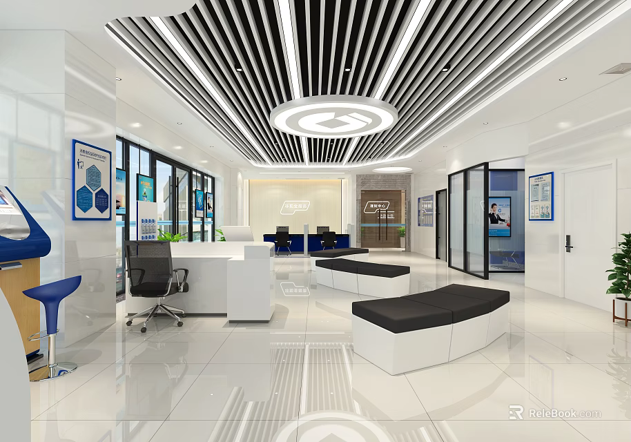 Modern Bank Interior Design With Reception Desk Glass Partitions And Waiting Sofas 3d model 