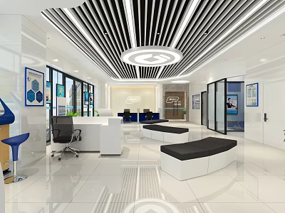 Modern Bank Interior Design With Reception Desk Glass Partitions And Waiting Sofas 3d model