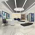 Modern Bank Interior Design With Reception Desk Glass Partitions And Waiting Sofas