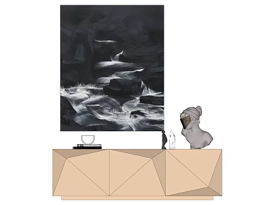 Stylish Interior With Black White Abstract Painting Geometric Cabinet And Decorative Sculpture 3d model