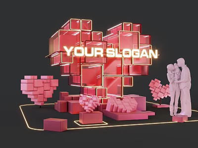 Heart Shaped 3D Text Display With Couple Figurine And Pink Cubes On Glowing Lines Base 3d model