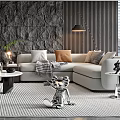 Modern Living Room Interior Design Featuring Stone Wall Bookshelf L shaped Sofa And Coffee Table