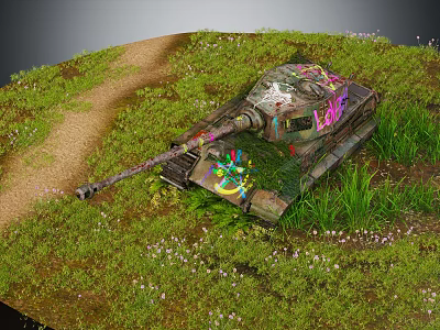 Camouflage And Colorful Graffiti Covered Tank On Grassy Field With Path And Flowers 3d model