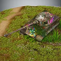 Camouflage And Colorful Graffiti Covered Tank On Grassy Field With Path And Flowers