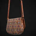 Vintage Brown Leather Satchel With Colorful Intricate Pattern And Adjustable Shoulder Strap