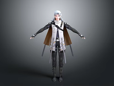 Character Model With White Hair Black White Outfit Brown Cloak Swords Waist Arms Outstretched 3d model
