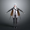 Character Model With White Hair Black White Outfit Brown Cloak Swords Waist Arms Outstretched