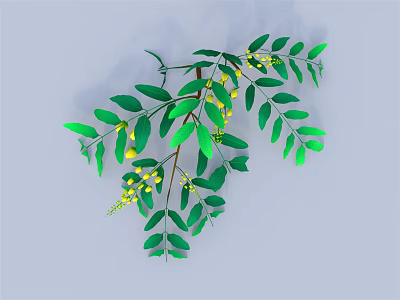 Vibrant Green Leafy Plant Branch with Lush Leaves and Small Yellow Flowers 3d model