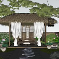 Chinese Pergola with Thatched Roof in Traditional Courtyard Surrounded by Lotus Flowers and Stone Path