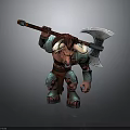 Horned Fantasy Warrior With Red Hair Green Armor Holding Large Battle Axe