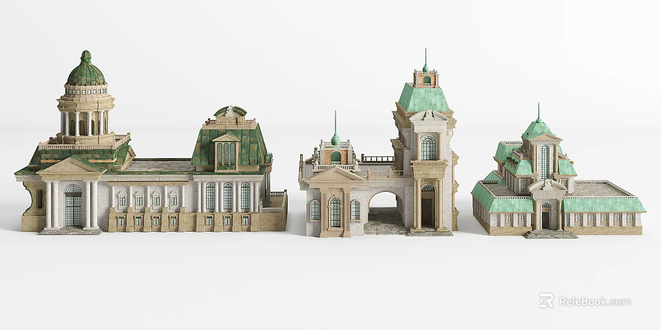 European Style Architecture Models With Green Roofs Domes And Arched Doors 3d model 