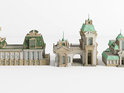 European Style Architecture Models With Green Roofs Domes And Arched Doors 3d model