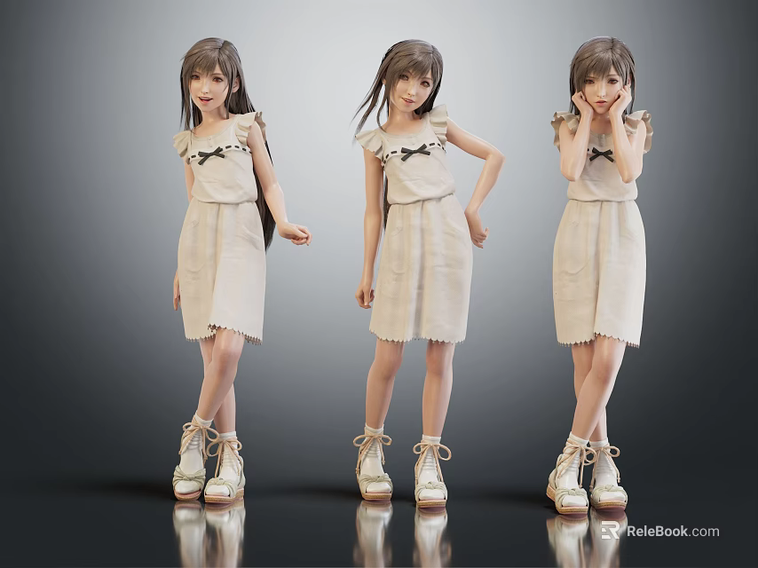 Three Girls Wearing Beige Dresses White Shoes Different Poses Grey Background Reflective Floor 3d model 