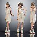 Three Girls Wearing Beige Dresses White Shoes Different Poses Grey Background Reflective Floor