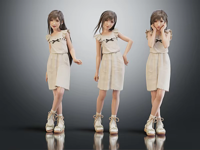 Three Girls Wearing Beige Dresses White Shoes Different Poses Grey Background Reflective Floor 3d model