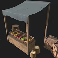 Wooden Fruit Stall with Gray Canopy and Crates of Fresh Fruits Beside Barrel